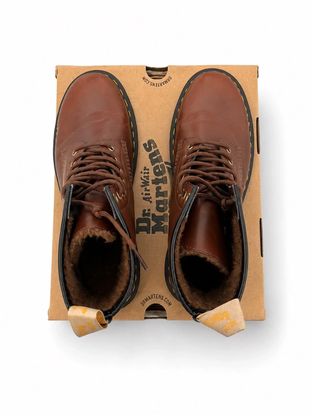 Dr. Martens Brown Leather 8-Eye Lace-Up Boots with Yellow Stitching